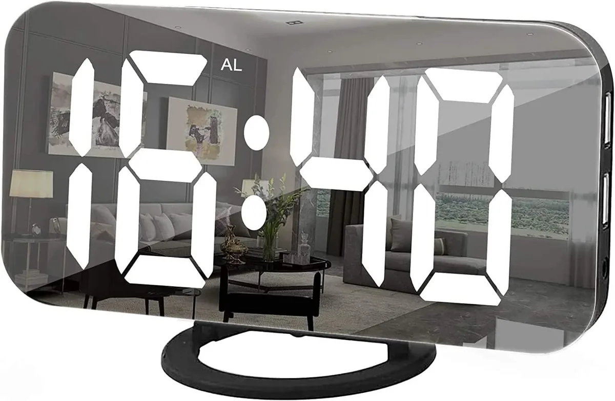 Black digital mirror alarm clock with large LED display and dual USB ports