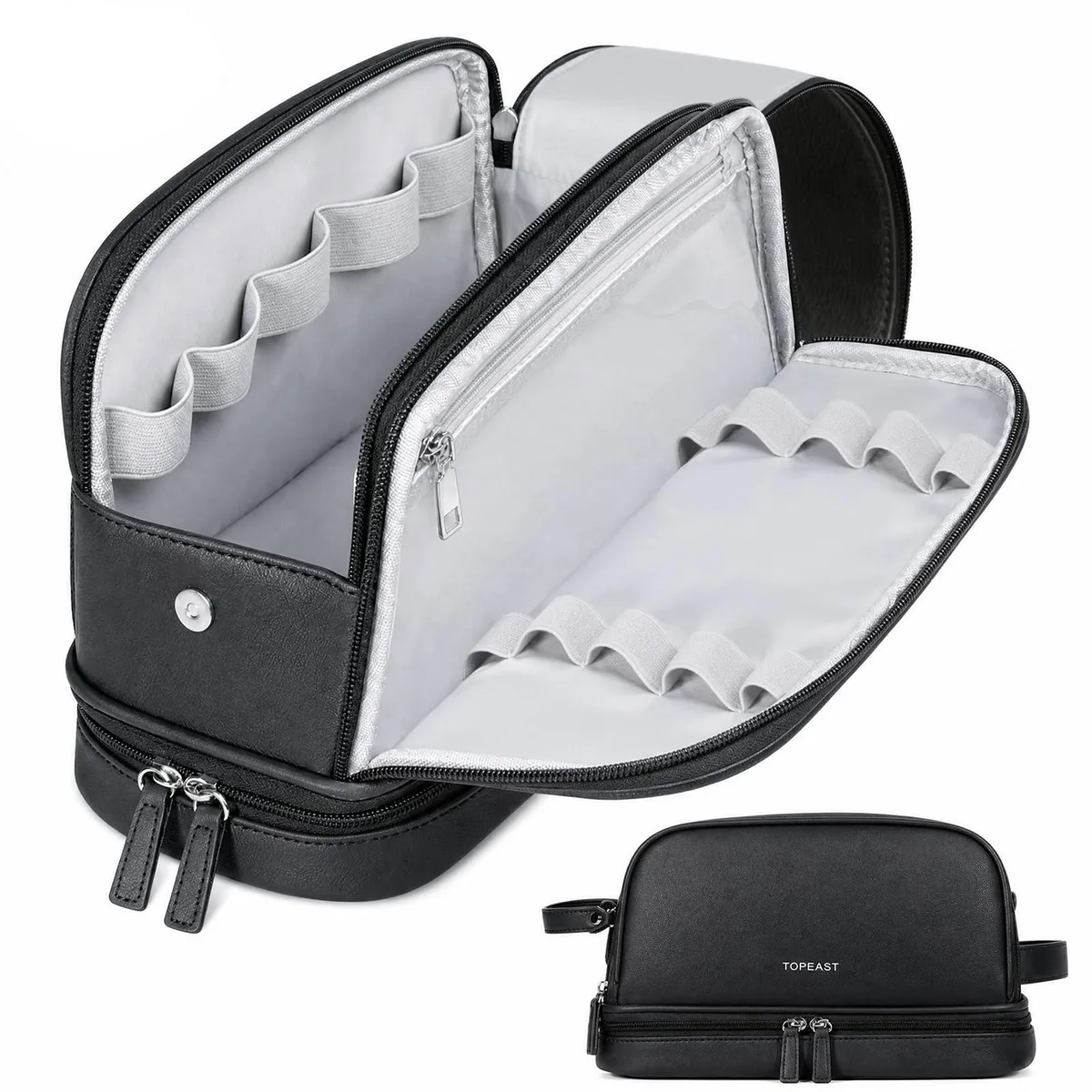 Black PU leather dopp kit with top handle, double layer design, 11.4 x 6.3 x 5.1 in