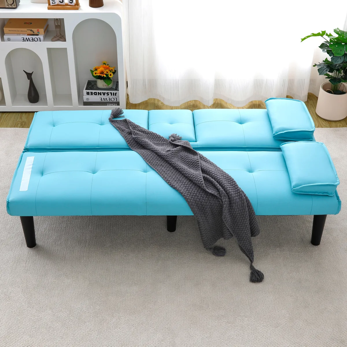 Blue PVC sofa bed, 67 inches wide, foldable with cup holder