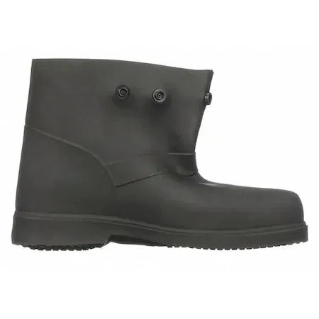 Black rubber overboots, plain toe, six inch height, snap tab closure, size nine to ten