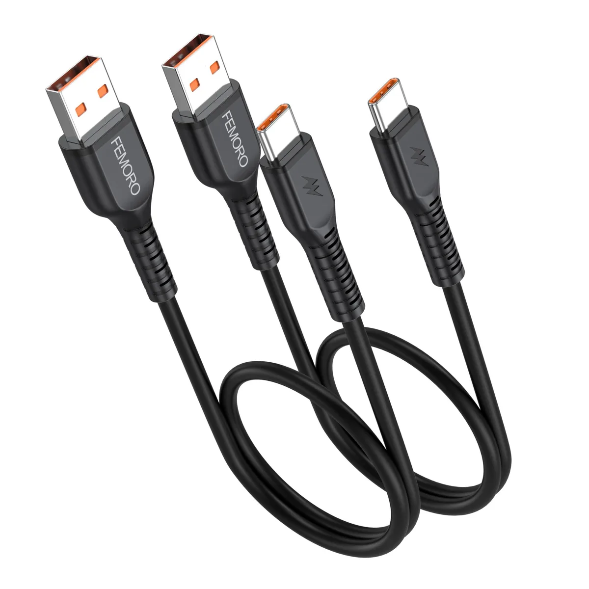 Two short black USB-A to USB-C cables, soft silicone finish