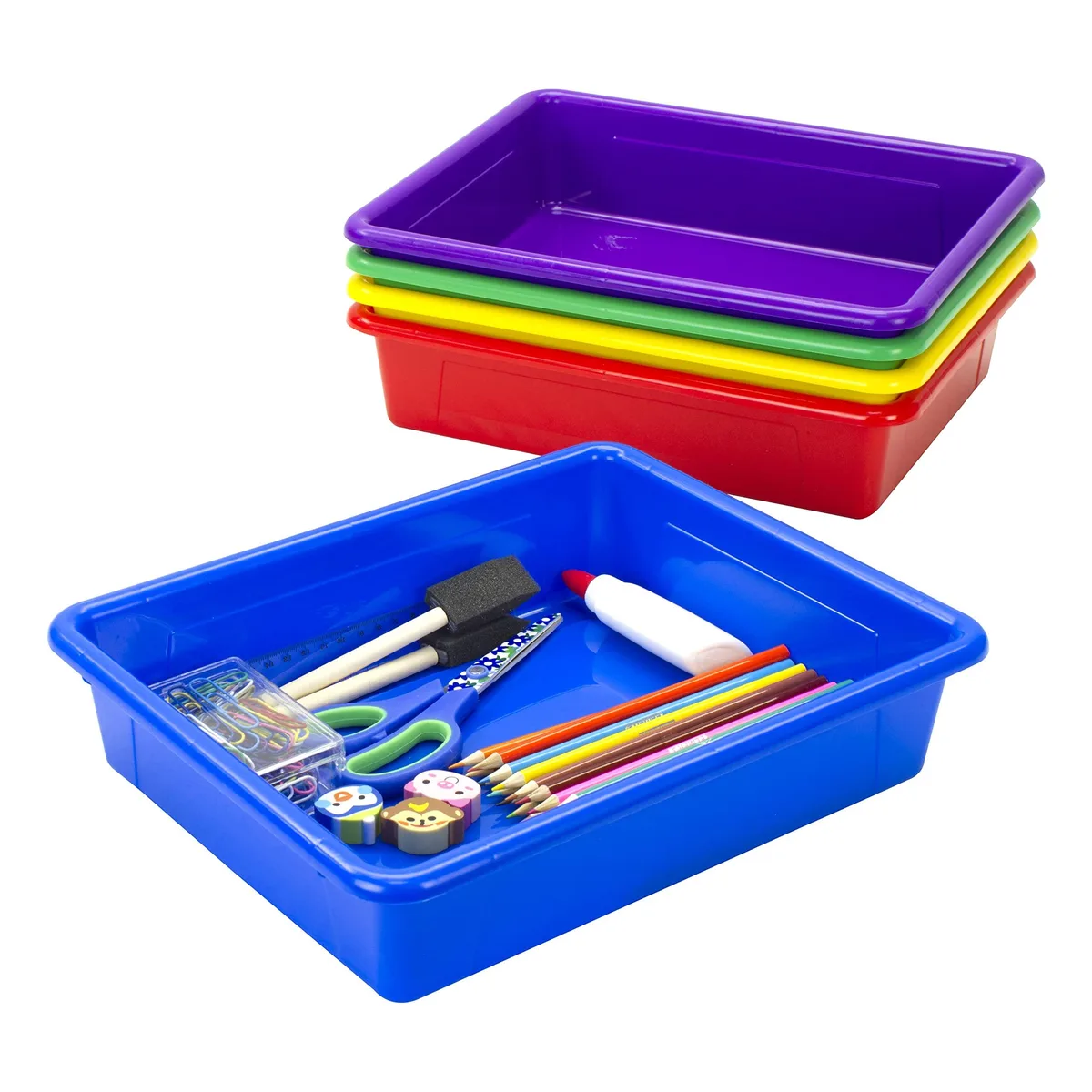Five assorted-color plastic letter-size storage trays nested together
