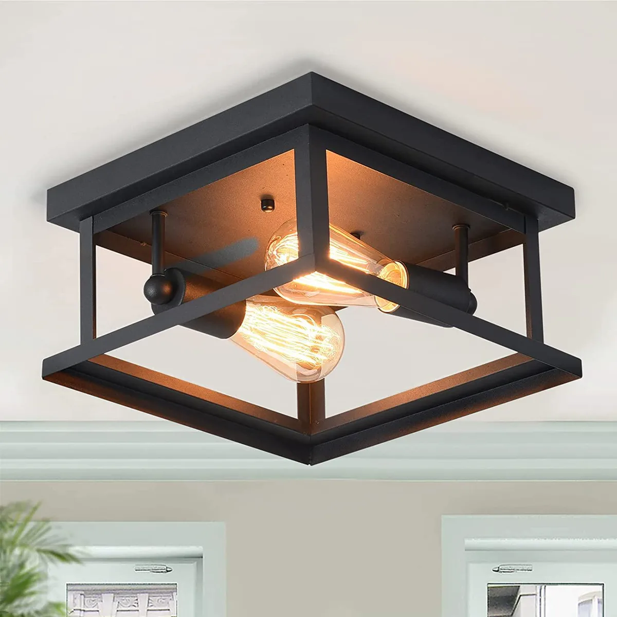 Black metal square flush mount ceiling light 13 inches wide 6.3 inches deep two E26 sockets