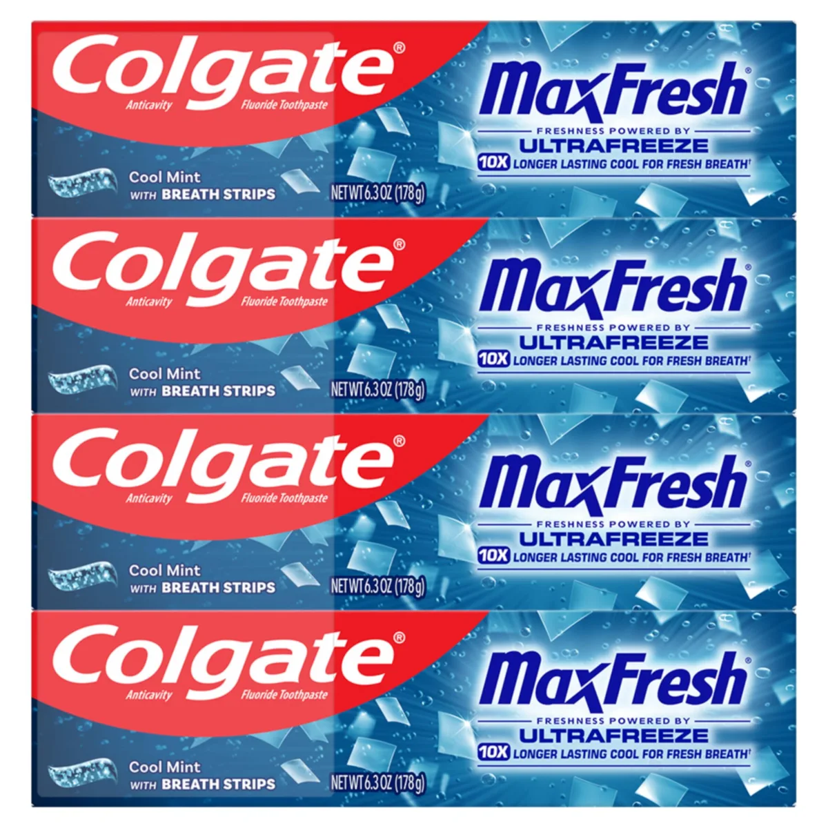 Four white 6.3 oz toothpaste tubes in a row