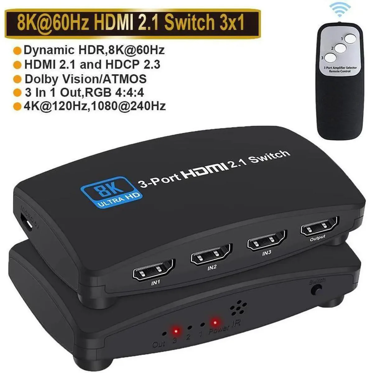 SMUGDESK SMUGDESK 3x1 HDMI 2.1 Switch 8K@60Hz 4K@120Hz 1080P@240Hz IR Remote — product photo