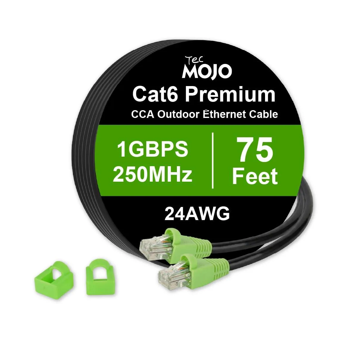 Tecmojo Cat6 network ethernet cable 75ft 24AWG CCA UTP RJ45 LLDPE UV-resistant outdoor direct burial black — product photo