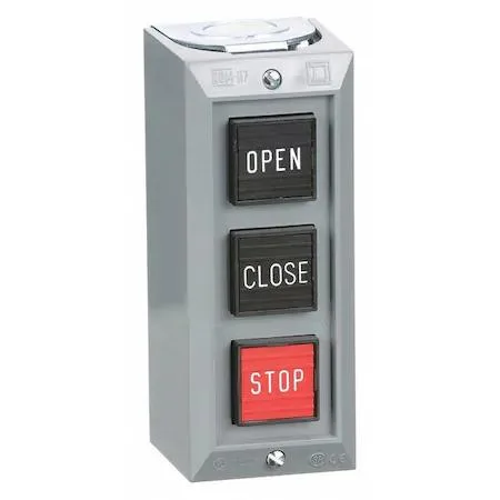 Gray plastic wall-mounted control station with three push buttons in black and red, 30 mm size