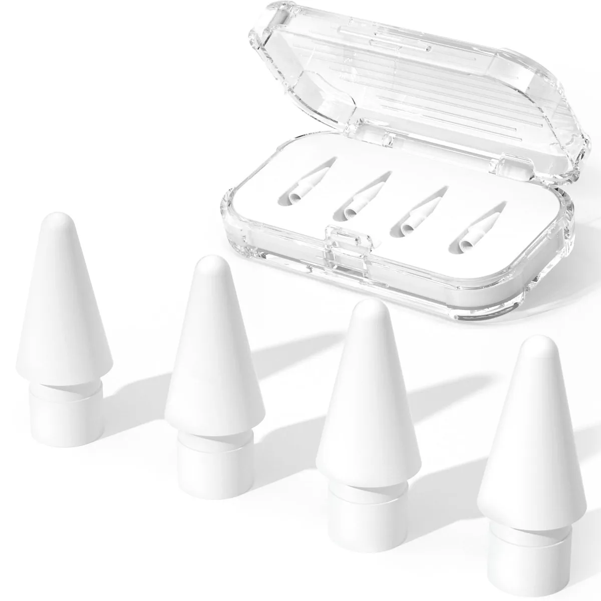 Four white stylus tips in a small storage case