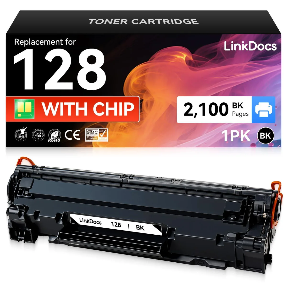 Black rectangular toner cartridge with green chip and plastic pull tab