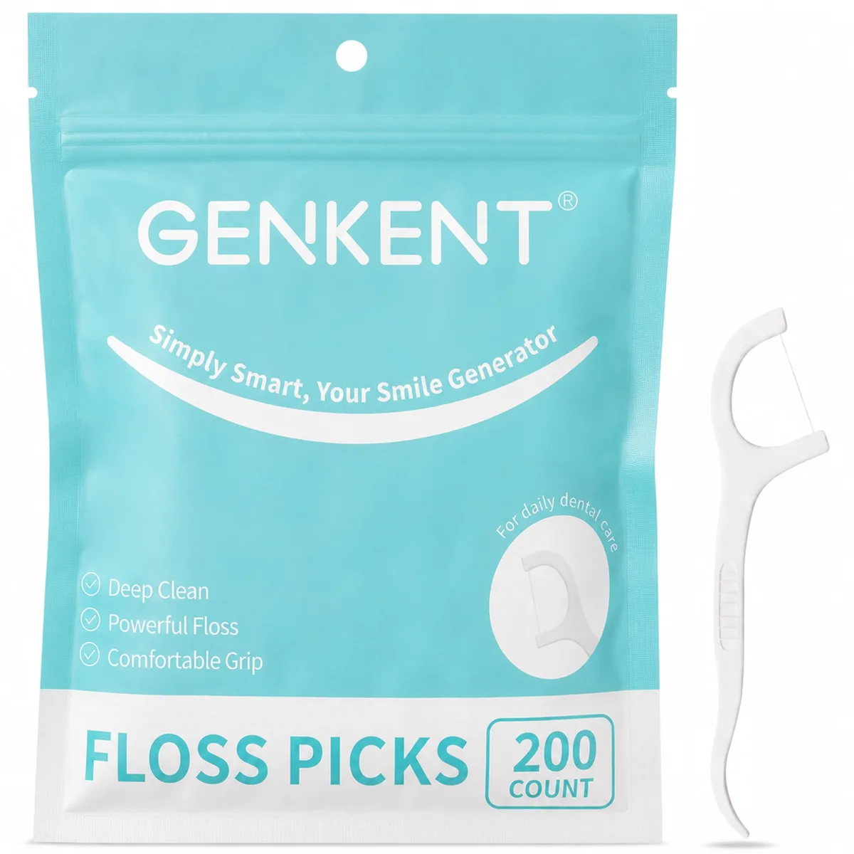 White plastic floss picks with curved heads and textured handles in bulk pack