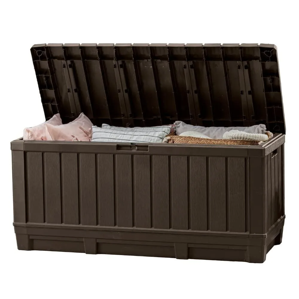 Rectangular brown resin deck box with wood-look finish and hinged lid