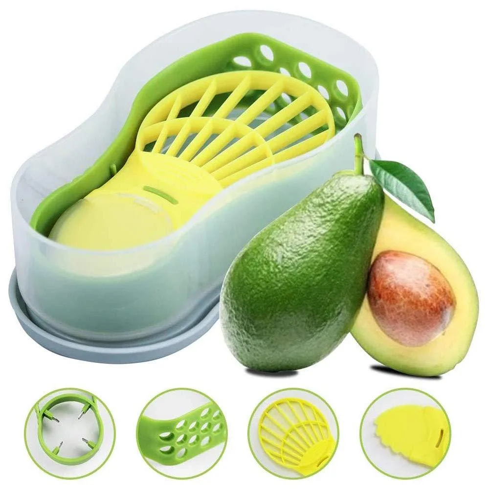 Green plastic avocado tool set with slicer, chopper and peeler in storage container