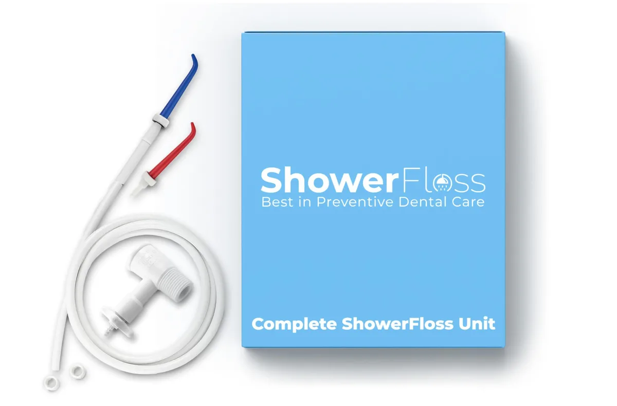 Red plastic water flosser attaches to shower head