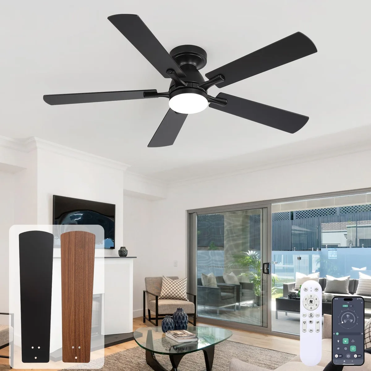  52" Black Ceiling Fan with Lights, App &amp; Remote Control — product photo
