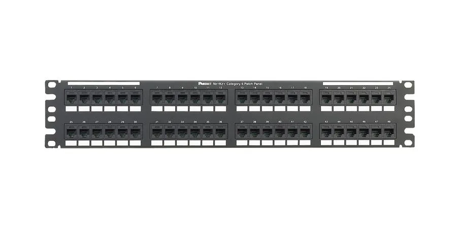 Silver 2U rack-mount patch panel with 48 RJ-45 ports