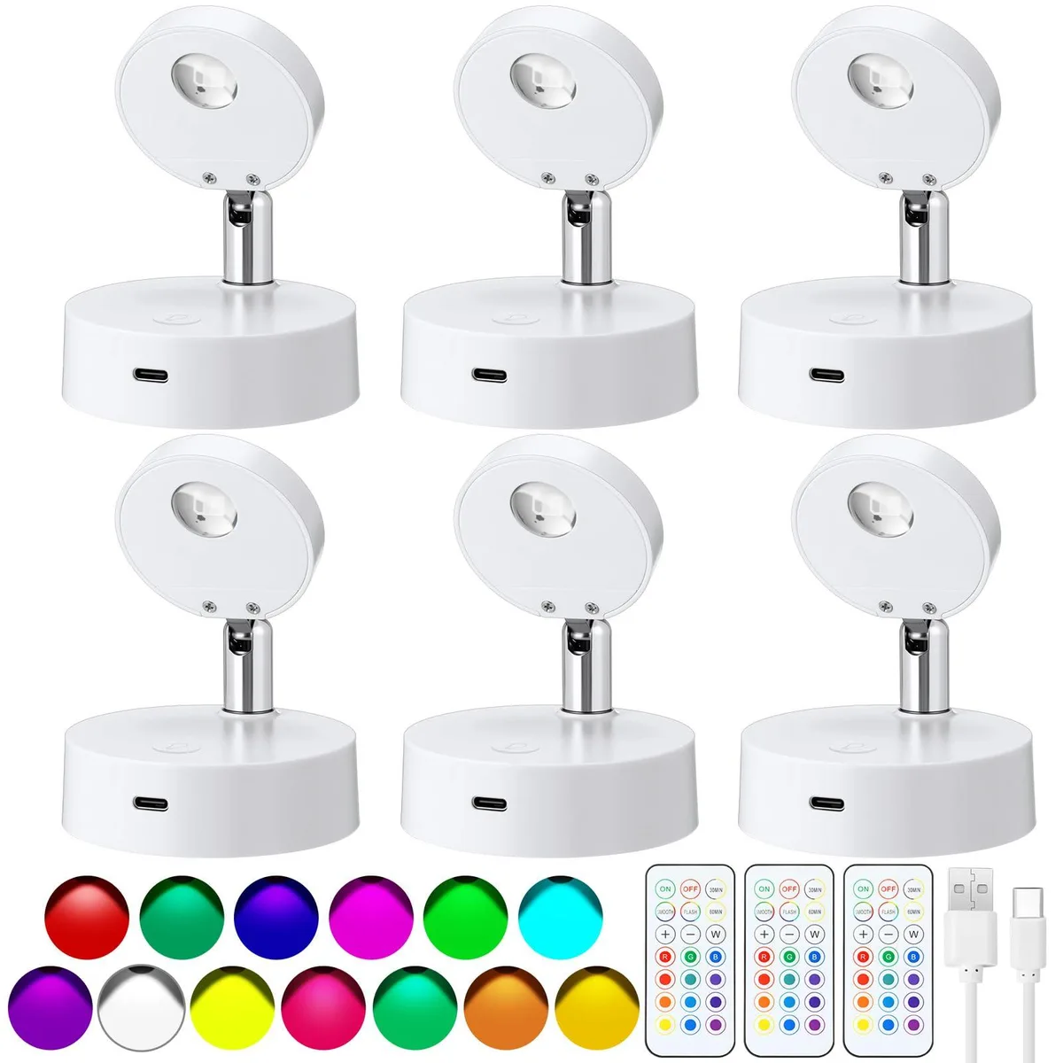 Six white rechargeable LED spotlights with rotatable heads, USB-C cables and three remotes
