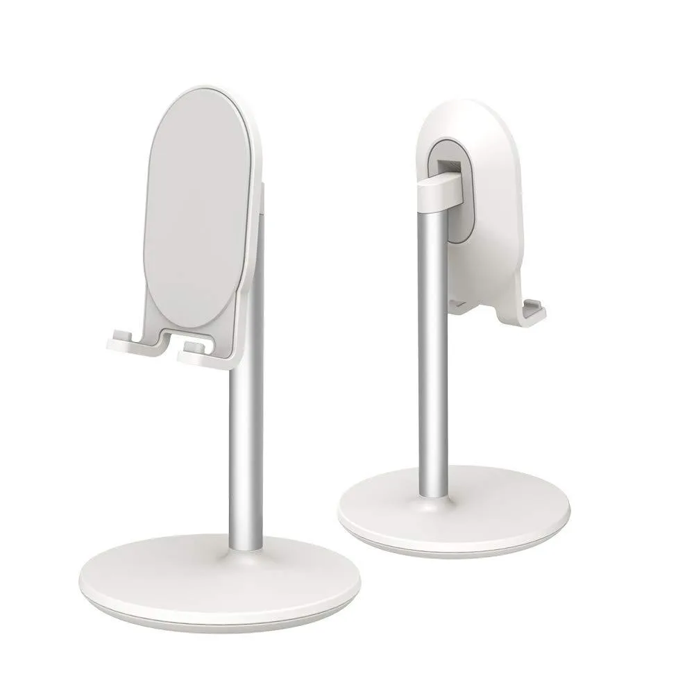 White adjustable phone stand with aluminum frame and rubber grips, 4.2 by 2.3 inches base