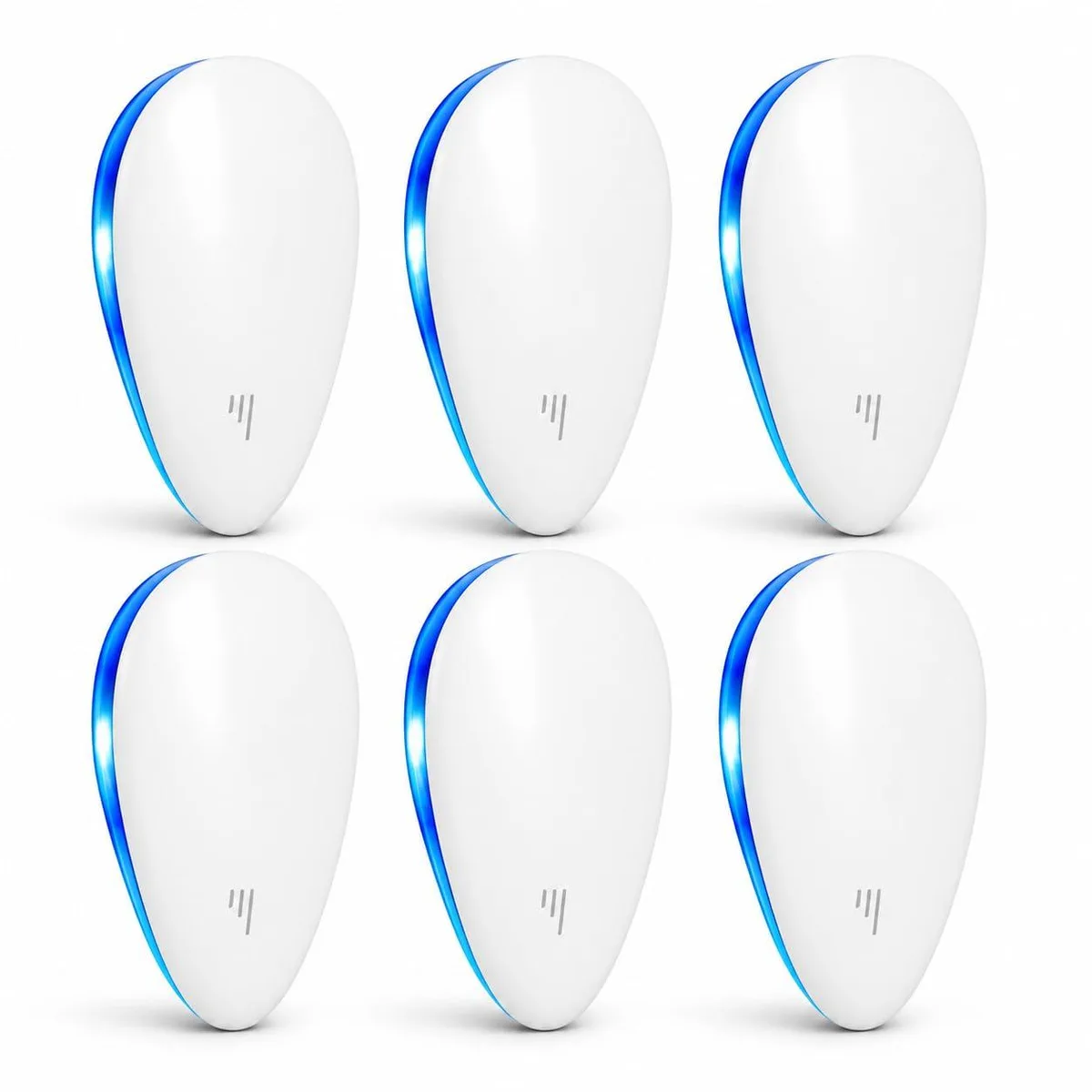 Six white plug-in pest repellers with blue indicator lights