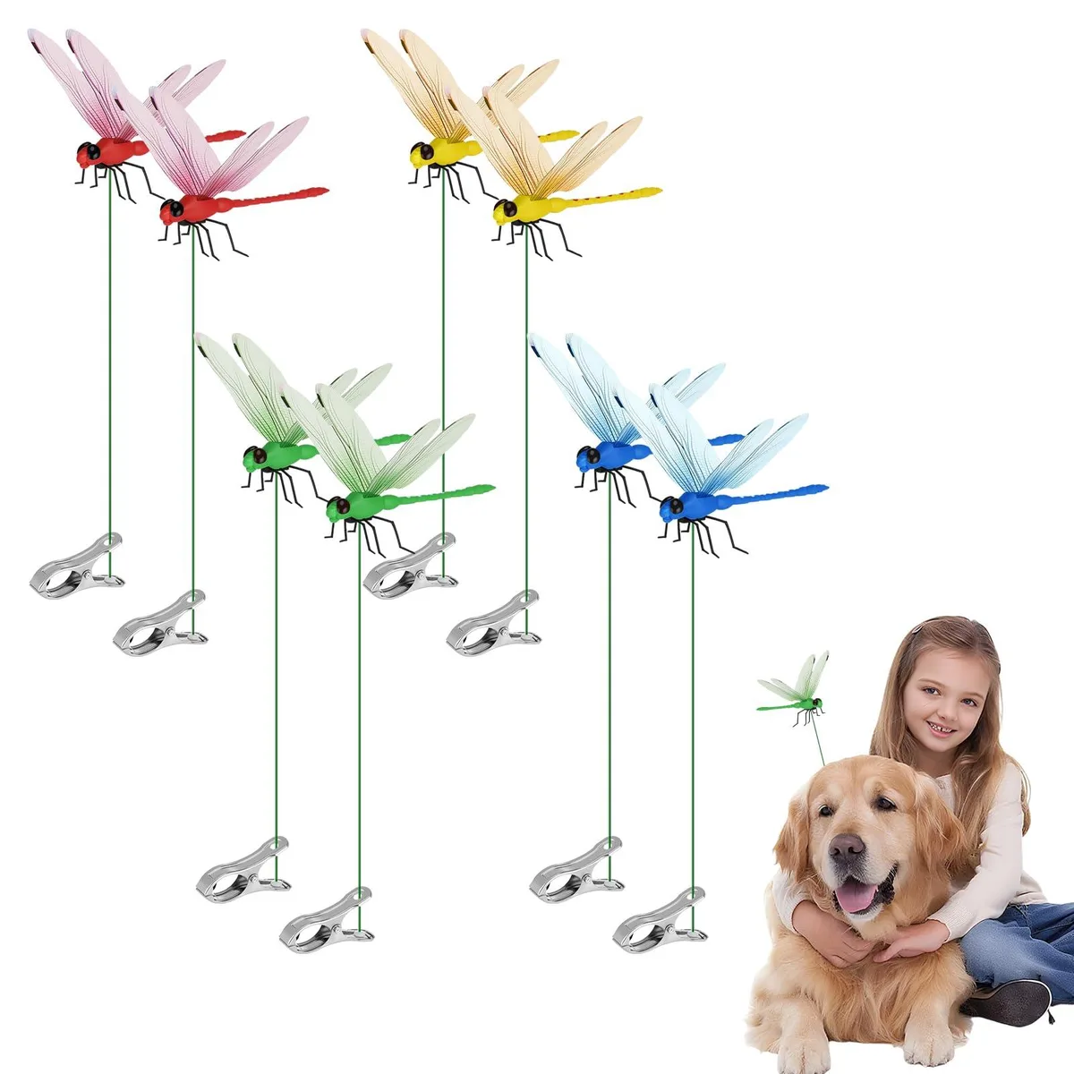 Eight lifelike dragonfly clips with wings and attached clips for outdoor decoration