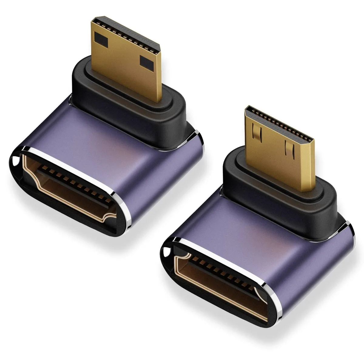 Two purple right-angle mini HDMI to HDMI adapters, compact aluminium finish