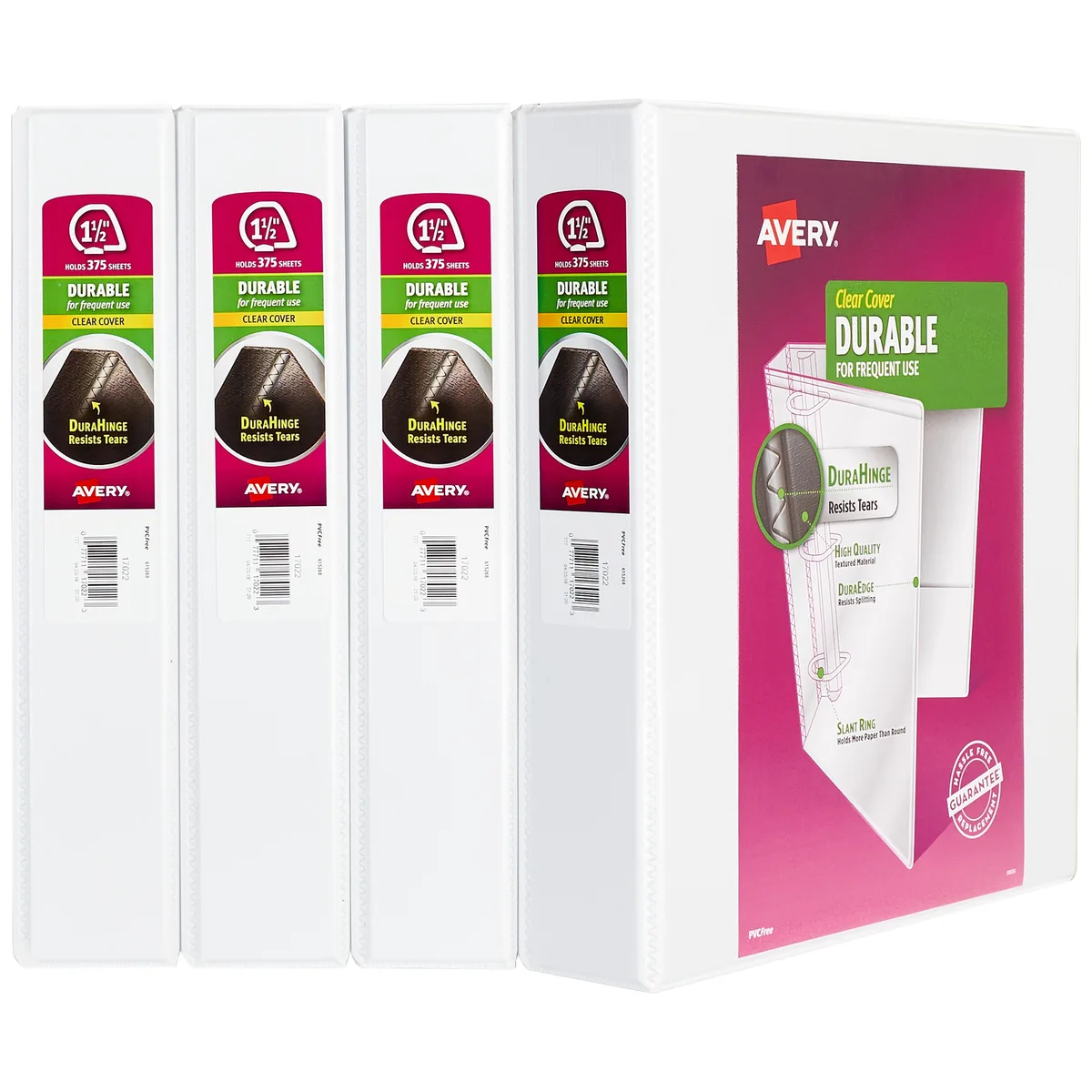 Four white 1.5 inch three-ring binders with clear view covers and slant rings