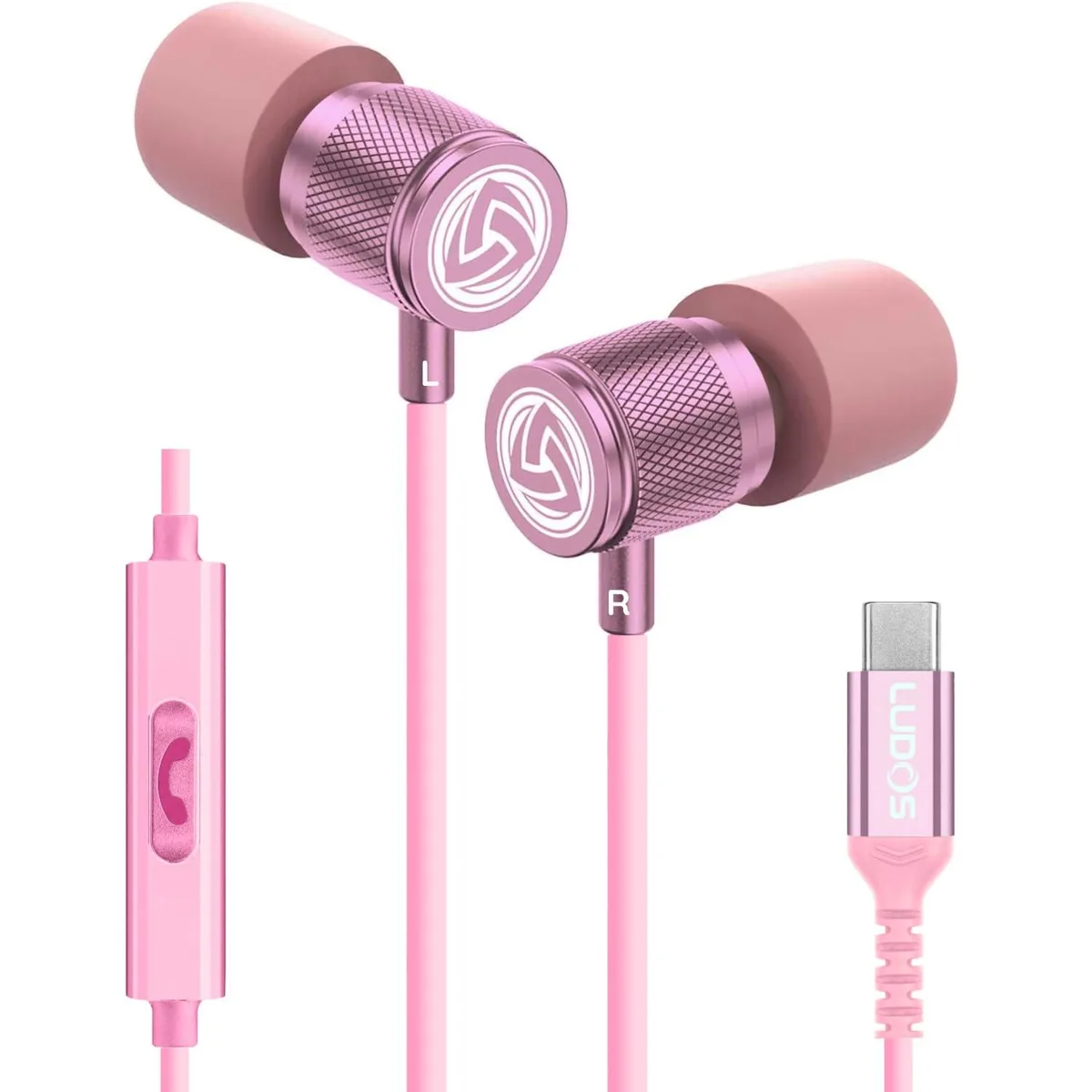 Pink in-ear USB-C earbuds with magnetic backs and long cable