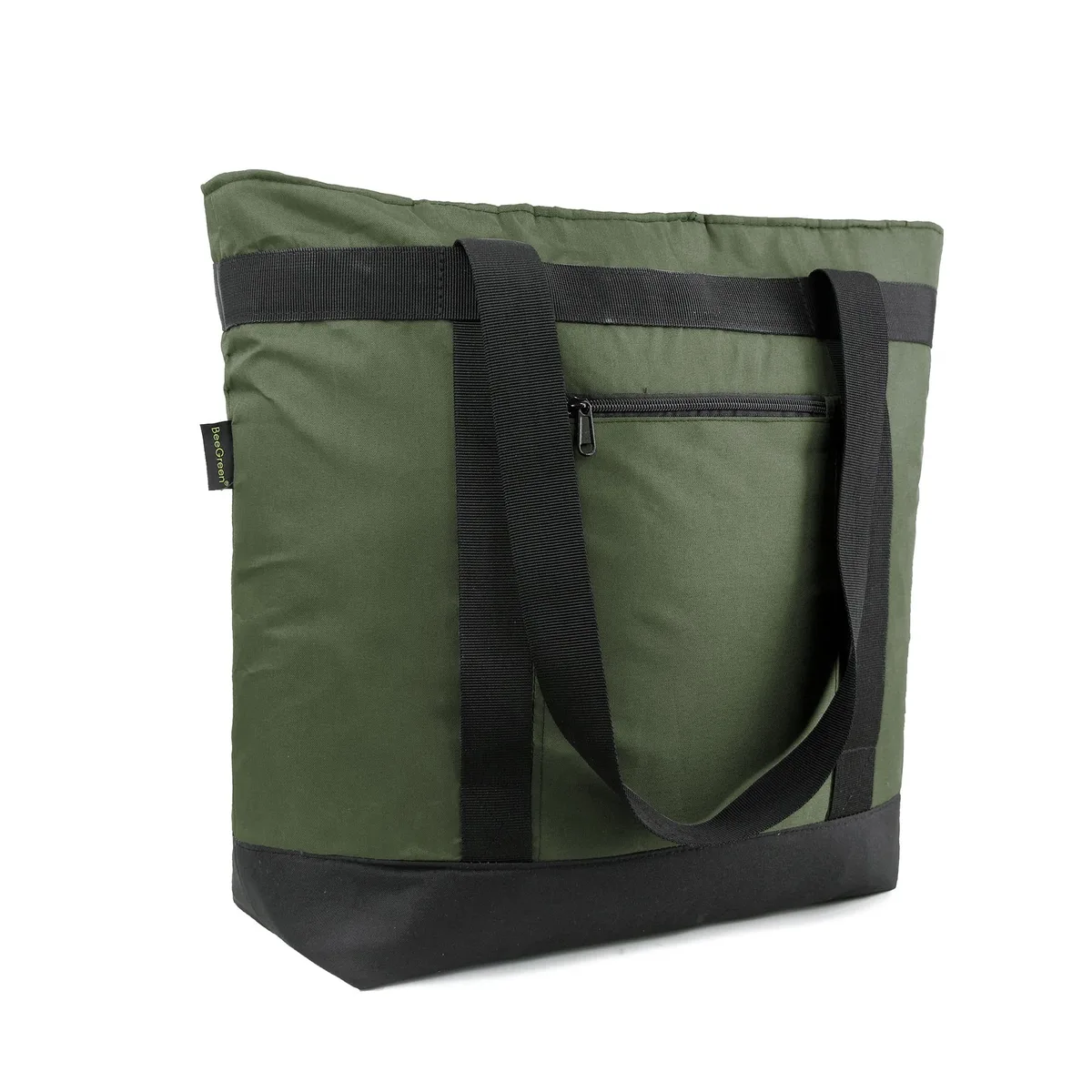 Moss green soft cooler tote with zip top and adjustable straps