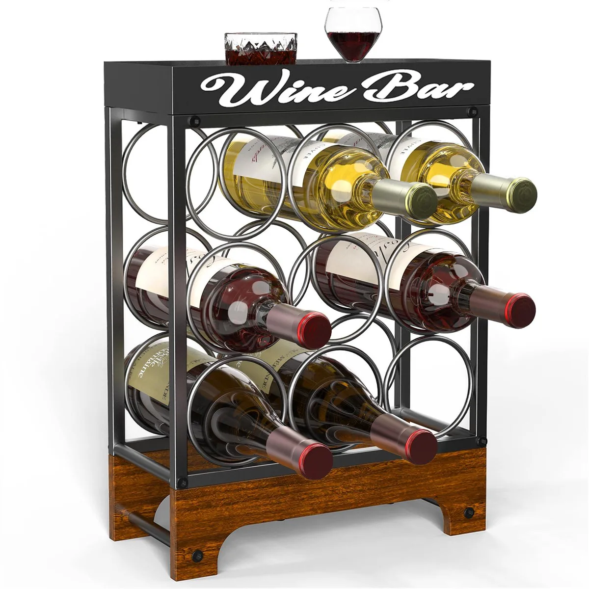 Black metal three-tier wine rack with wood base, holds nine bottles, 12.59 by 17.32 inches