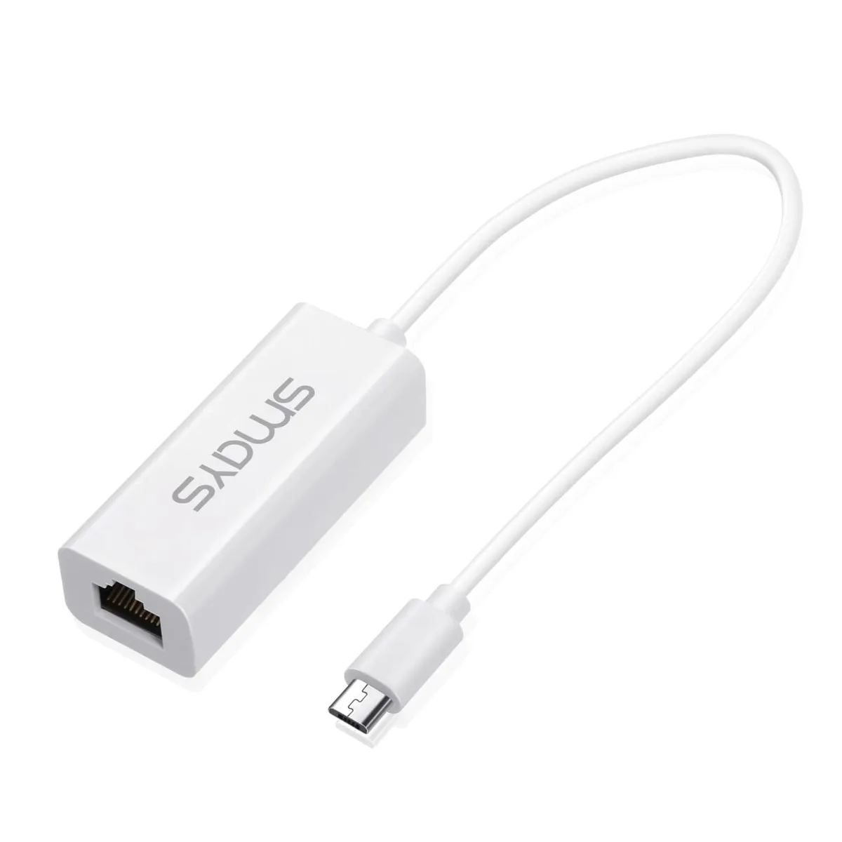 Compact white Micro USB to RJ45 Ethernet adapter with 10-inch cable