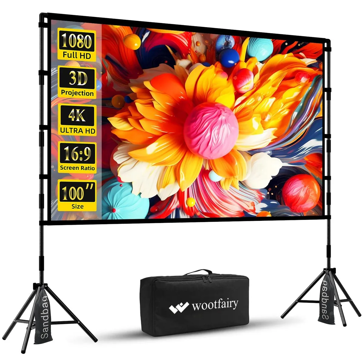 Wootfairy 100 inch Projector Screen with Stand, 16:9, 160° Viewing Angle, 8.3 lb — product photo