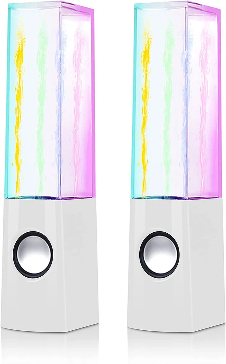 Pair of white water-dancing speakers with LED lights, 3.5mm wired connection