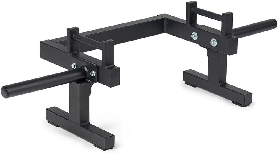 Black powder-coated steel rickshaw frame with elevated neutral-grip handles and dual Olympic weight sleeves
