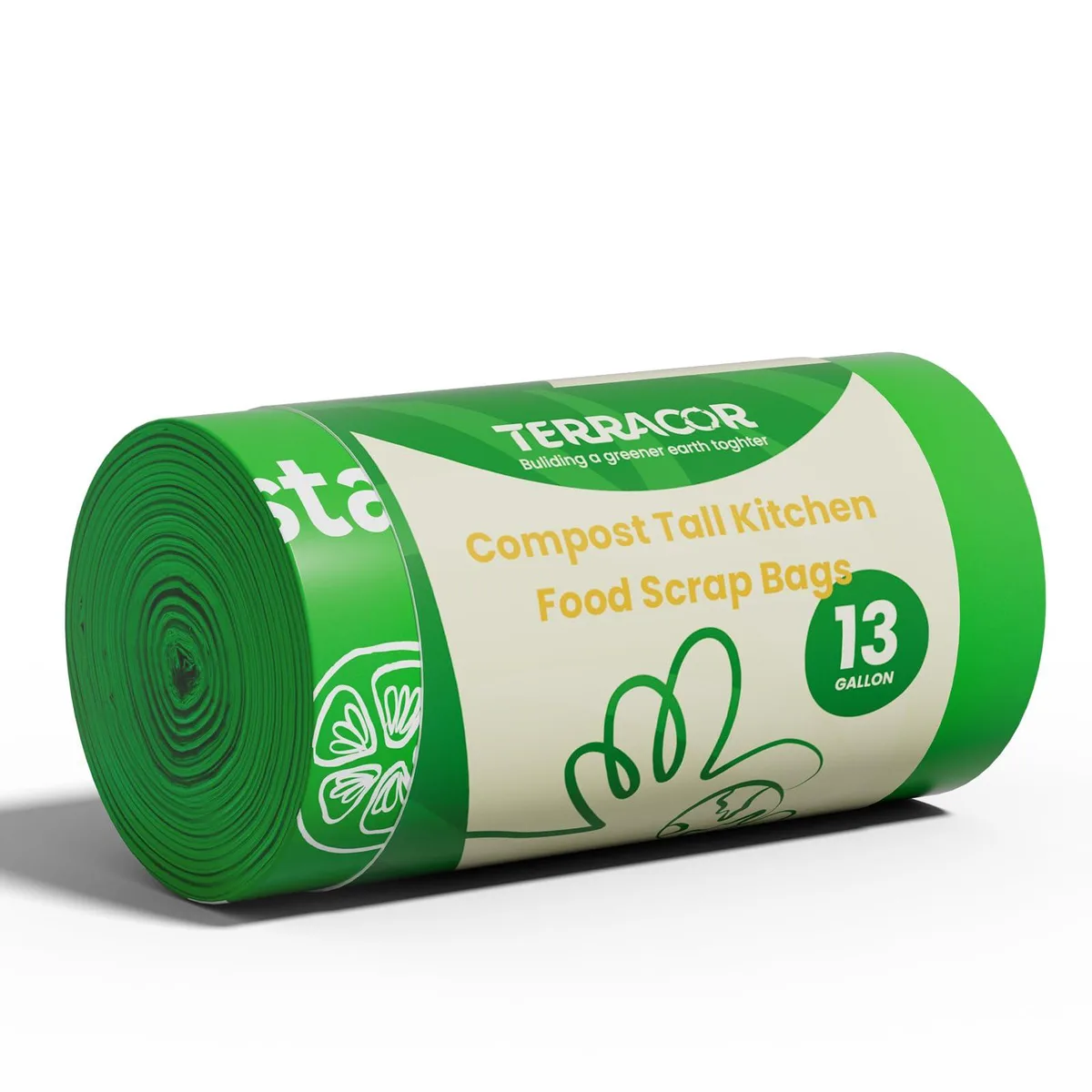 A roll of 40 flat-top 13-gallon compostable bags in green packaging