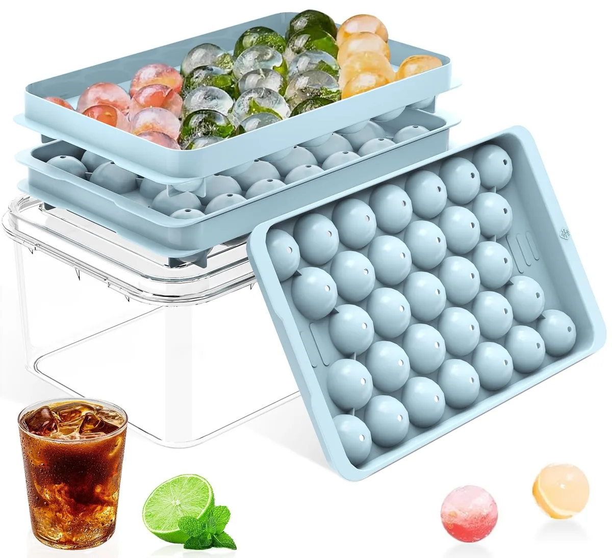 Black 7-piece ice ball tray set with stackable trays, lid, and storage bin