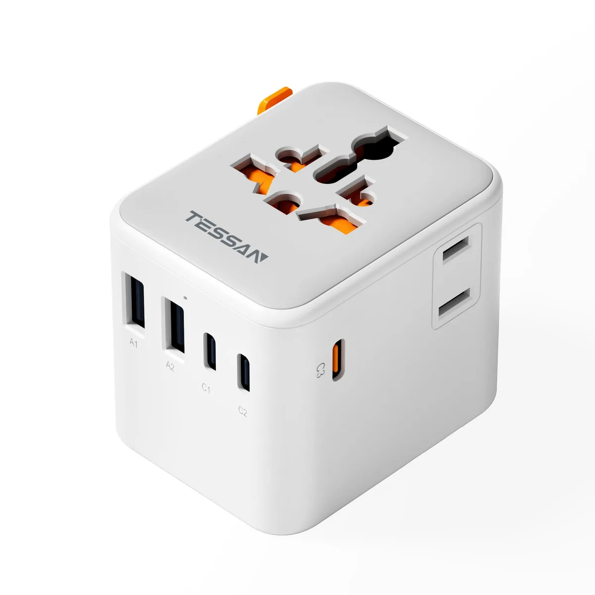 White rectangular travel adapter with sliding plug selectors and multiple USB ports
