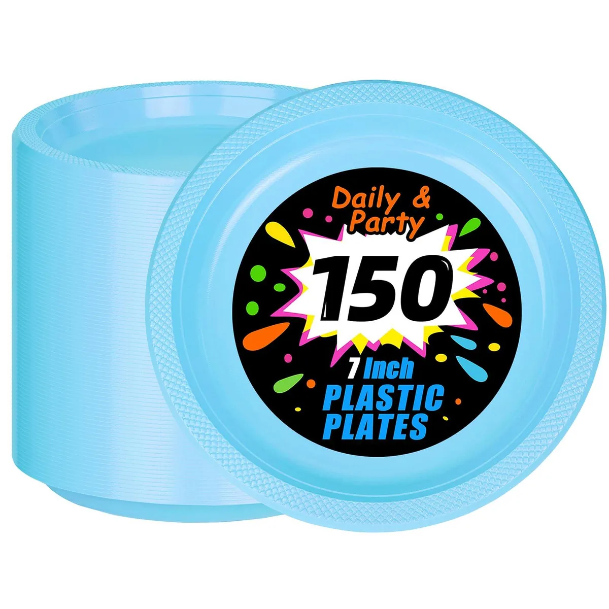 Stack of 150 round light blue plastic dessert plates 7 inch diameter