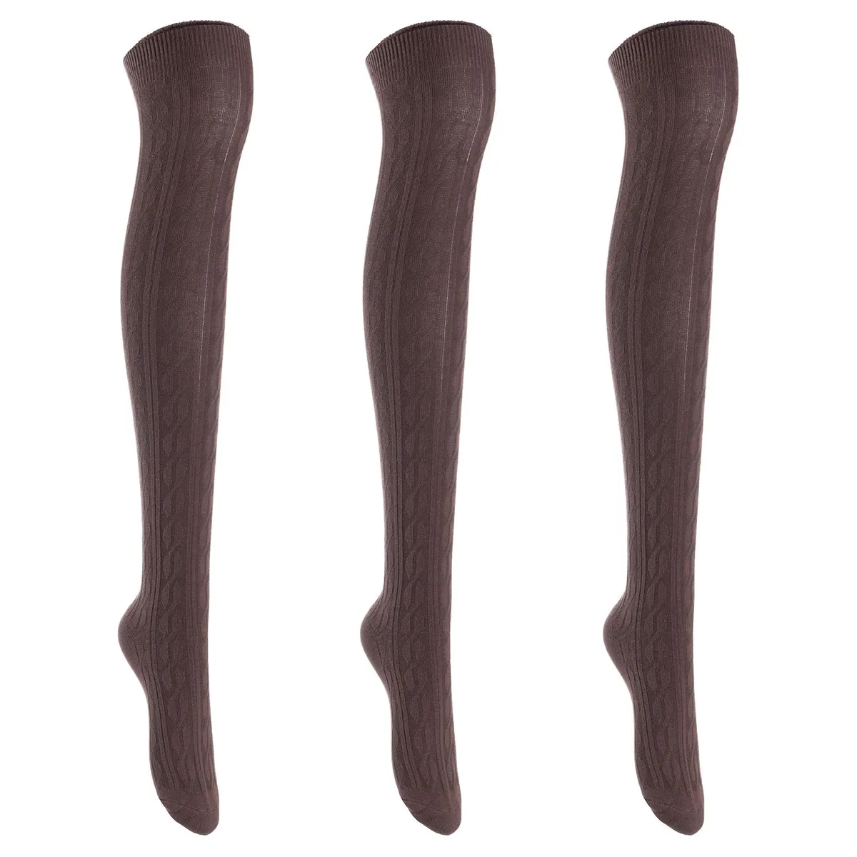 Three pairs of coffee coloured thigh high cotton socks