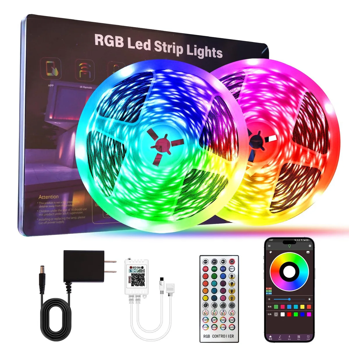 Two rolls of orange-finish LED strip lights on a 20-foot wire
