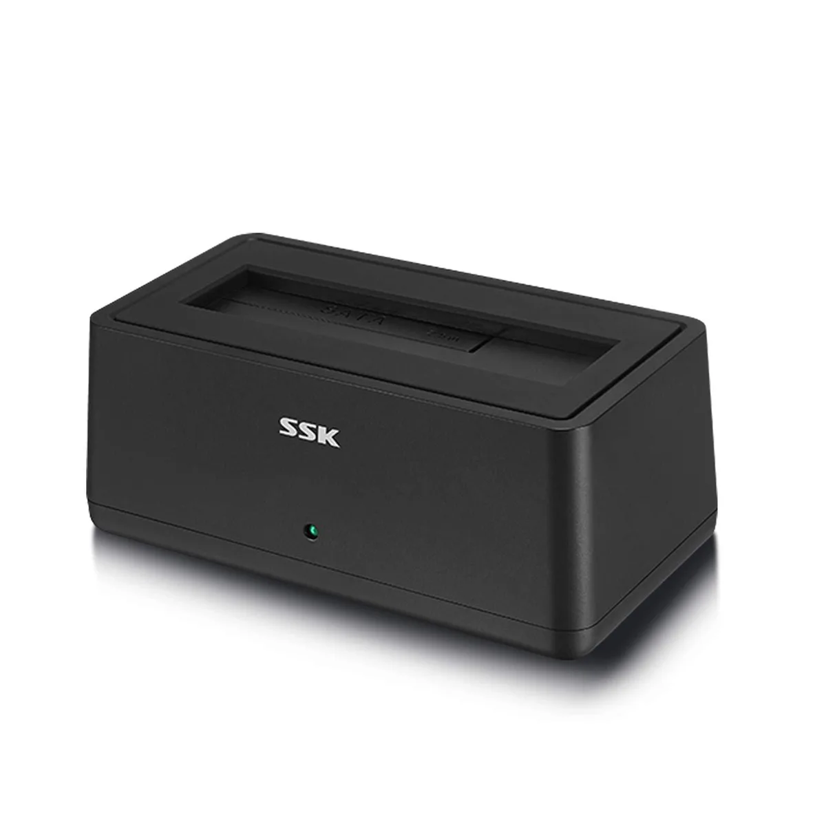 Black rectangular docking station with top-loading slot for 2.5 and 3.5 inch SATA drives