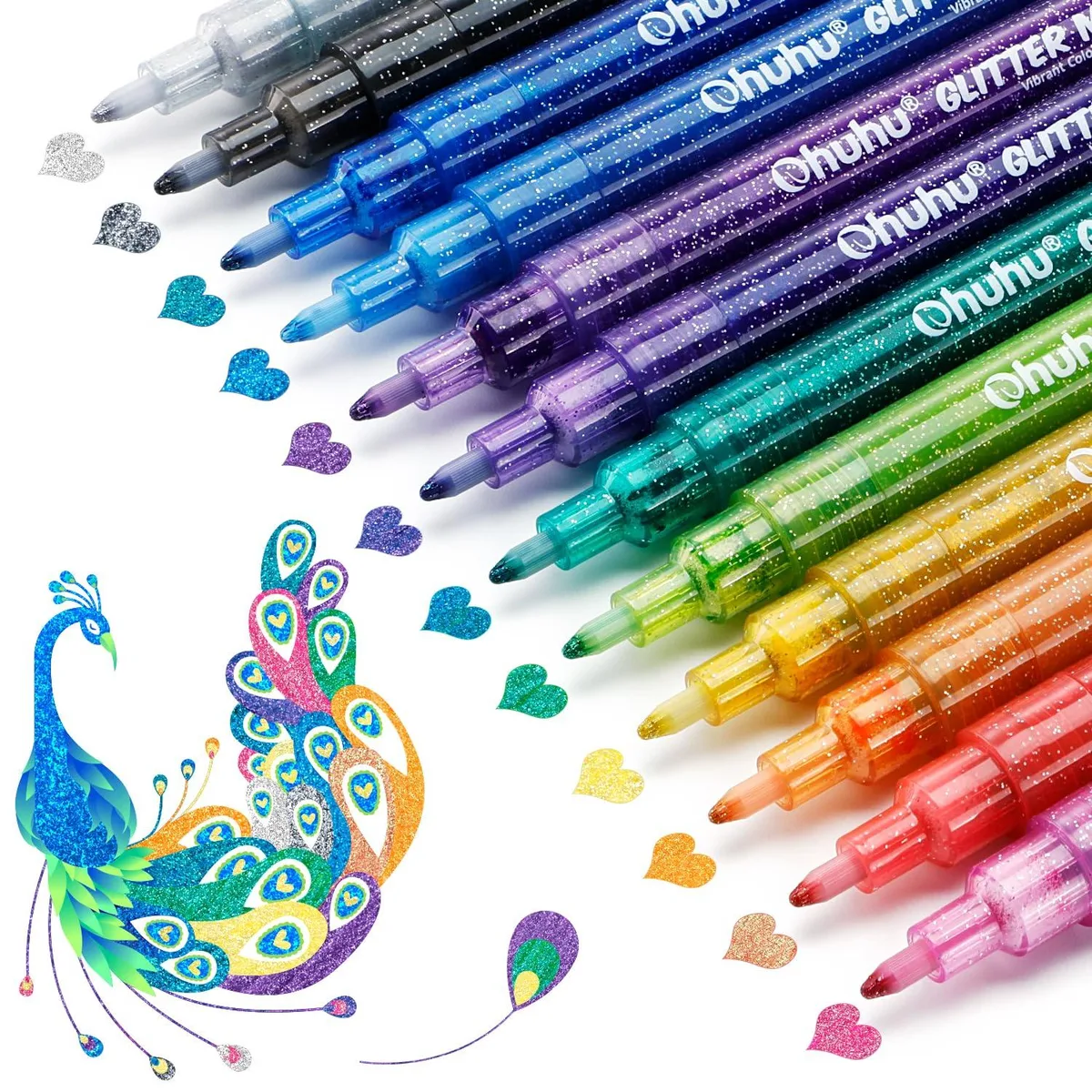 A set of twelve glitter marker pens with fine tips and coloured barrels