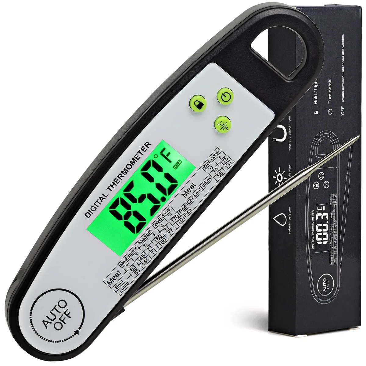 Black digital cooking thermometer with foldable stainless probe and backlit display
