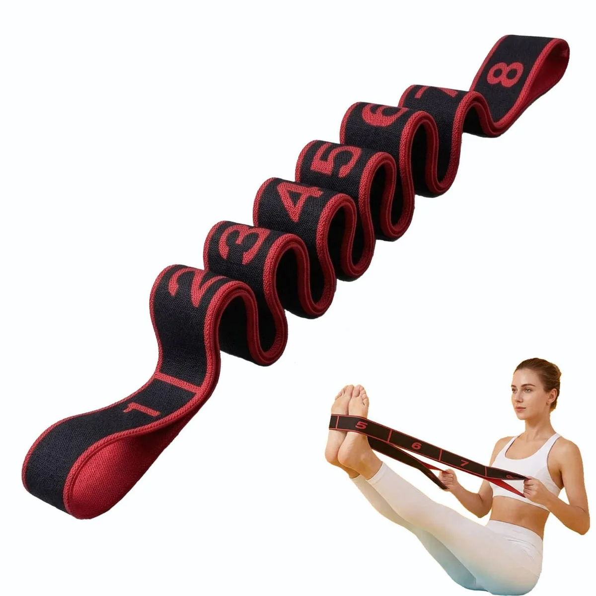Black polyester resistance band with eight numbered loops, 35.4 inch length