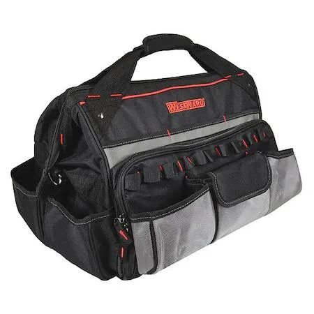 Black polyester wide-mouth tool bag with 22 pockets, reinforced bottom and shoulder strap