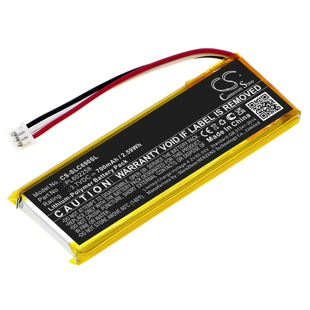 Rectangular rechargeable battery pack with black plastic casing and connector pins
