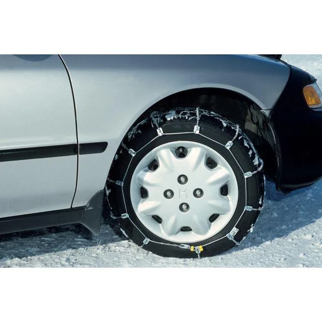 Pair of radial tire chains with alloy traction coils on crossmembers, silver metal finish
