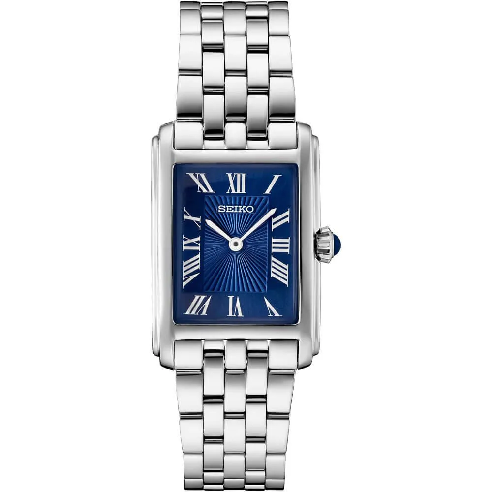 Small rectangular stainless steel watch, blue patterned dial with silver Roman numerals, five-row bracelet, 22.2mm case