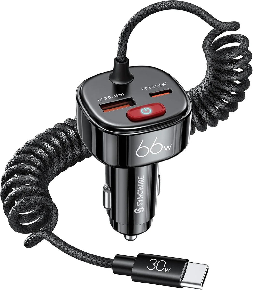 Hamzan Hamzan 66W Car Charger with 6ft Coiled Cable — product photo