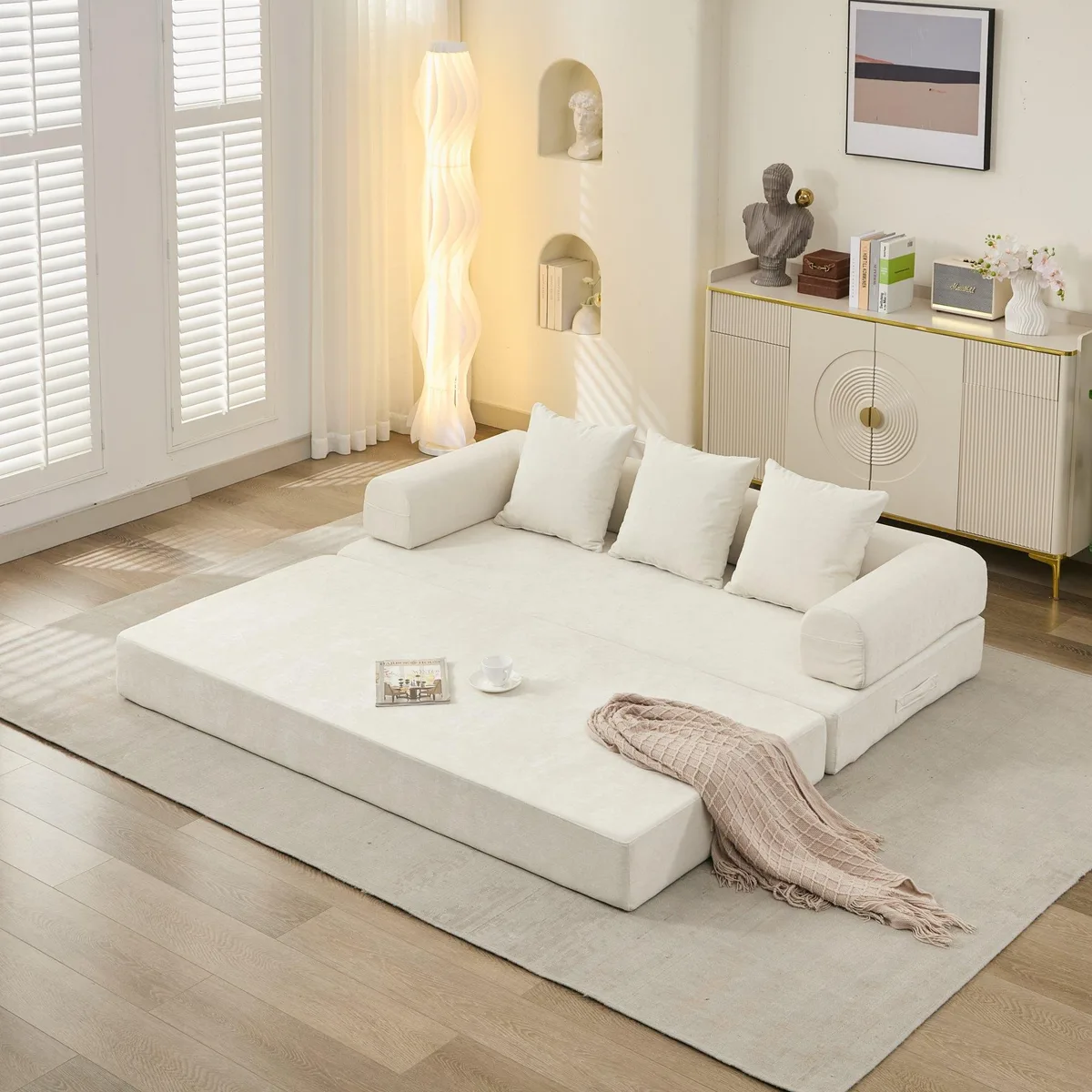 Beige chenille convertible folding floor sofa with armrests