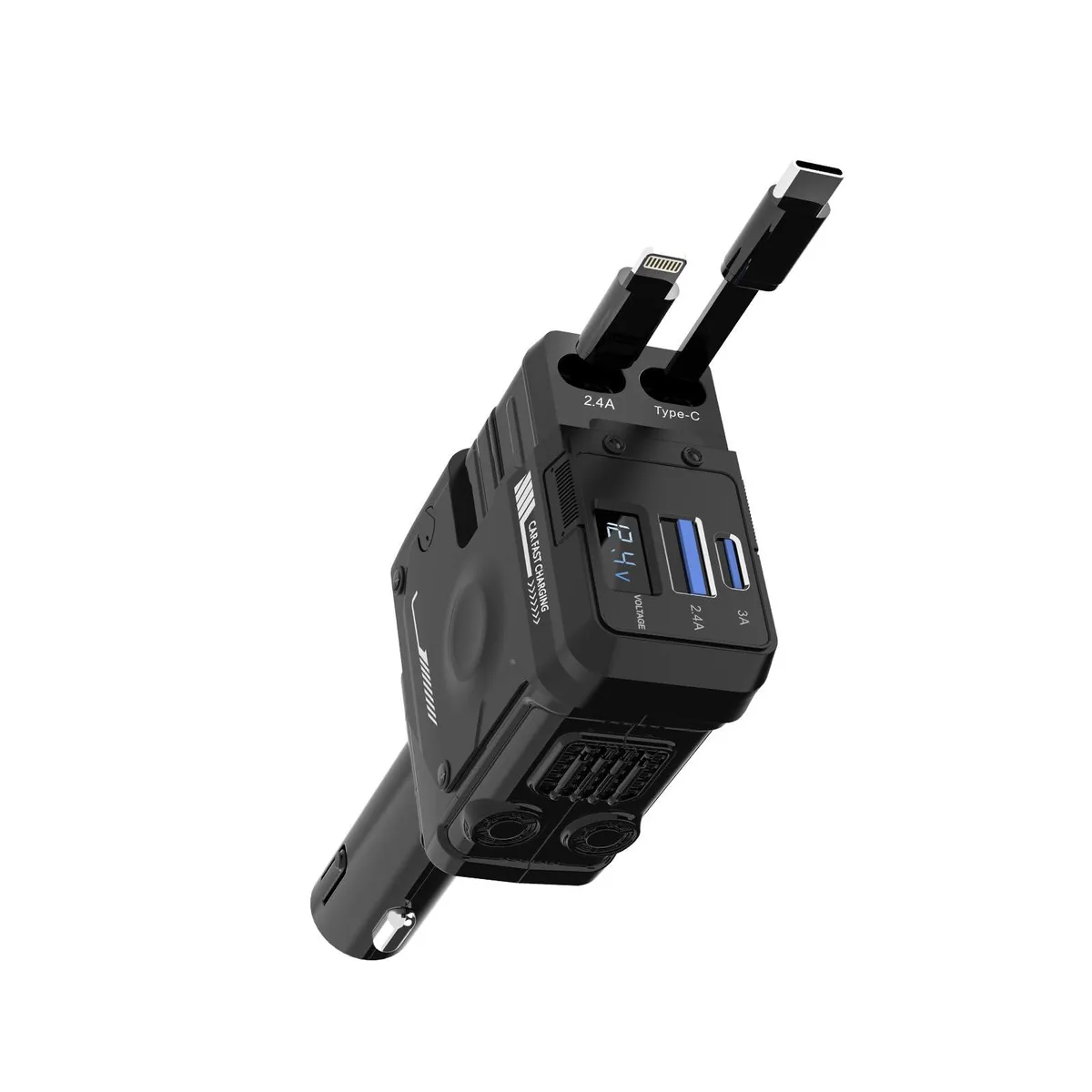 Black retractable car charger with two coiled cables and two ports on a cigarette-lighter plug