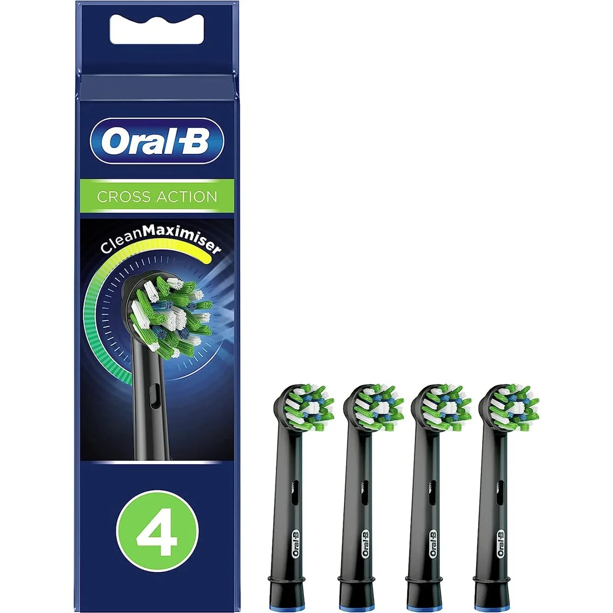 Four black electric toothbrush heads with angled soft bristles